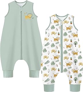 Chilsuessy 2er Pack Baby Schlafsack Sommer mit Füßen 1 Tog 100% Baumwolle Kinder Sommerschlafsack für Jungen und Mädchen, 1 Tog/Hellgrün + Löwenwald, 90cm/Baby Höhe 100-110cm