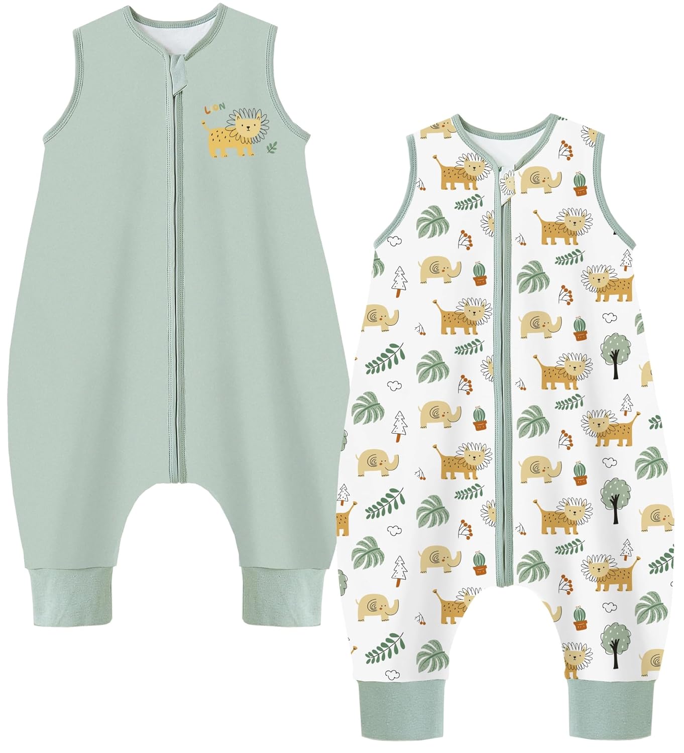 Chilsuessy Baby Sleep Sack with Feet 1.0 TOG, 100% Organic Cotton Wearable Blanket 2 Pack Newborn Infant Sleeping Bag with 2-Way Zipper, 6-18 Months, Green & Lion