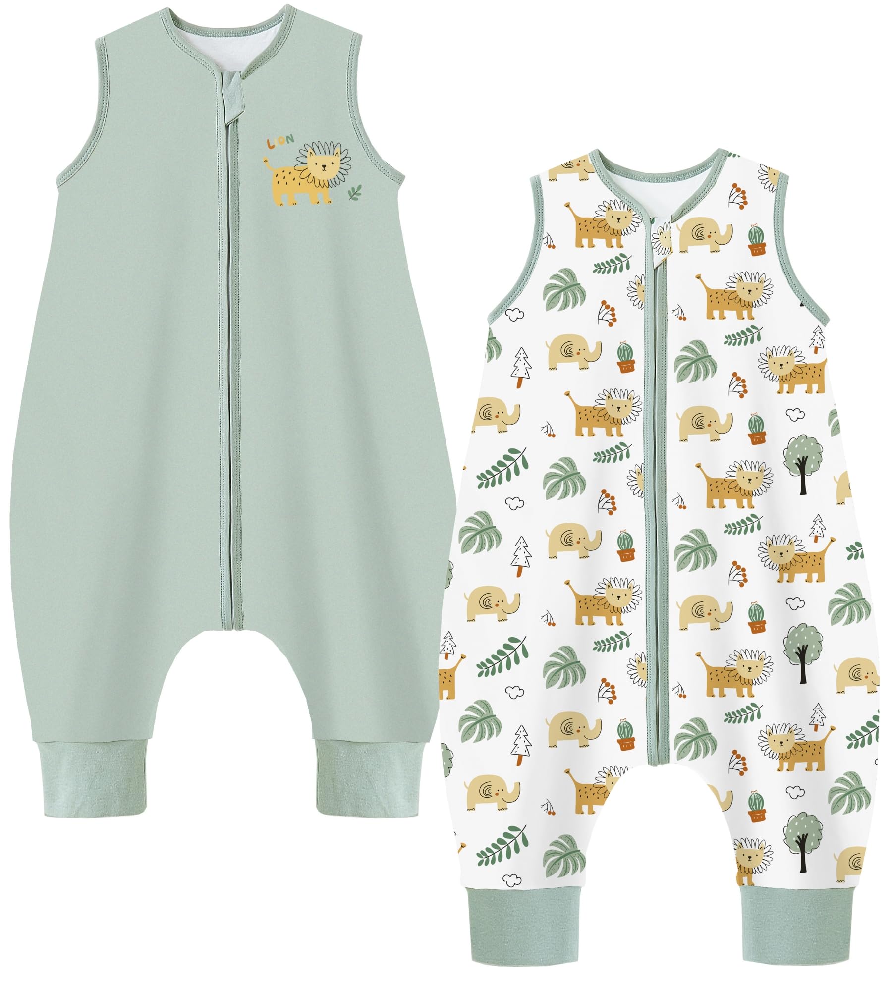 Chilsuessy 2er Pack Baby Schlafsack Sommer mit Füßen 1 Tog 100% Baumwolle Kinder Sommerschlafsack für Jungen und Mädchen, 1 Tog/Hellgrün + Löwenwald, 90cm/Baby Höhe 100-110cm