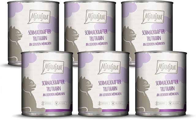 MjAMjAM - premium wet food for cats - tasty turkey with delicious carrots, pack of 6 (6 x 800 g), grain-free with extra meat