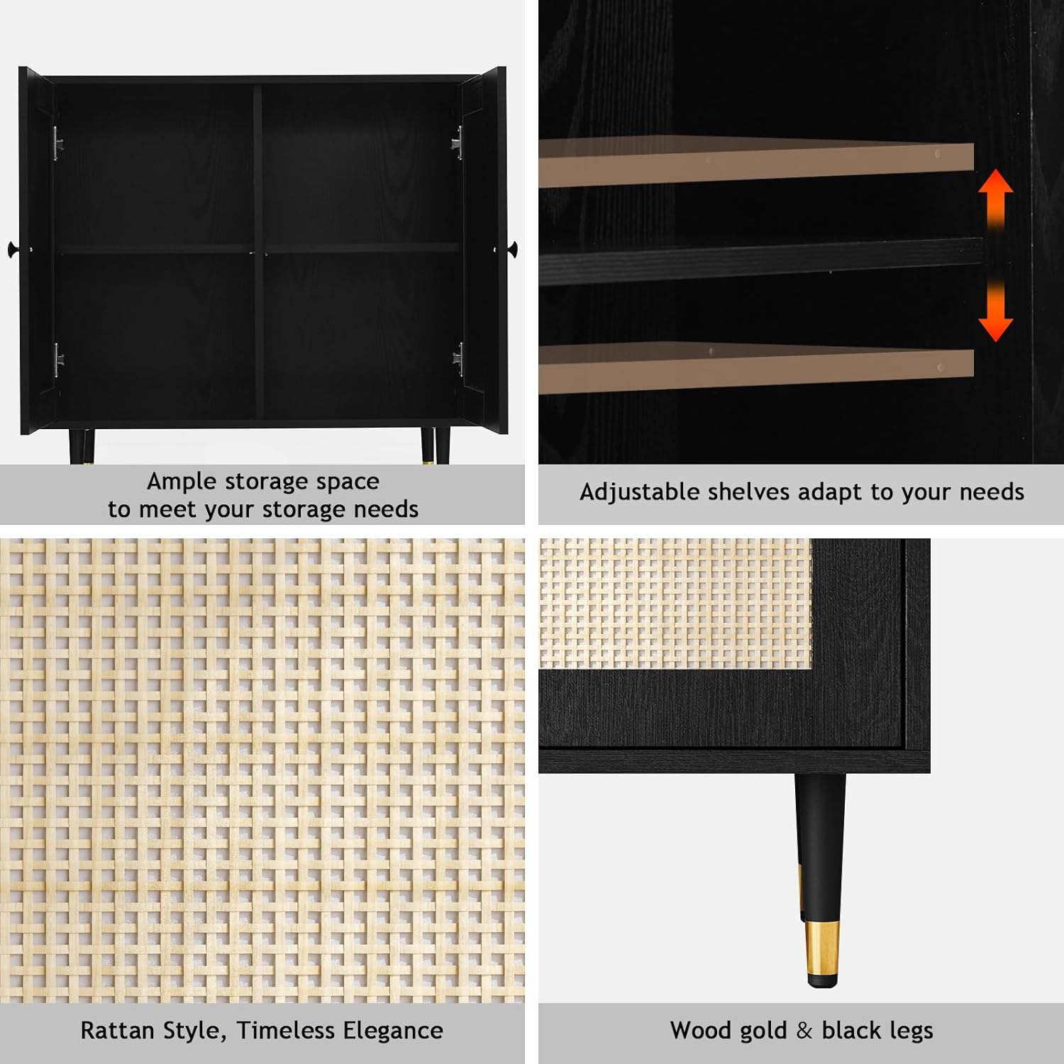 4ever2buy Rattan Storage Cabinet with Doors, Rattan Sideboard with Adjustable Shelves, Black Storage Cabinet for Living Room，Kitchen and Dining Room, Set of 3, Black