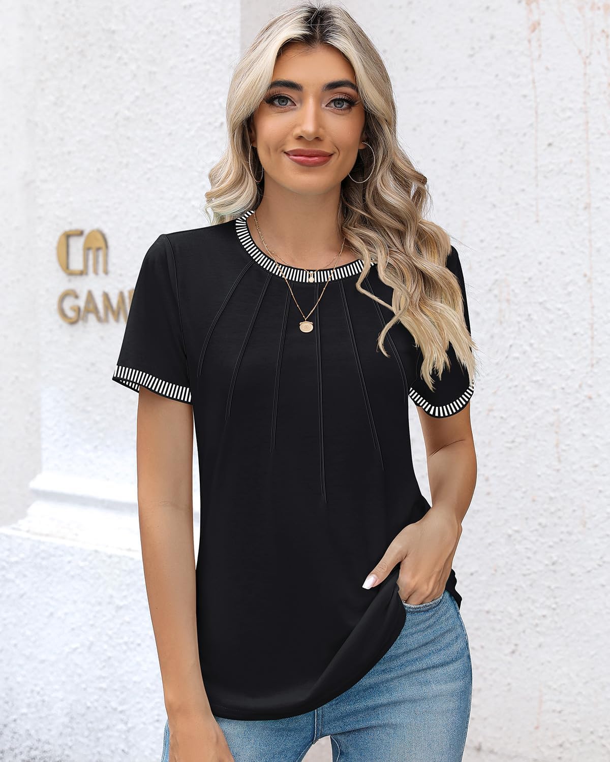 Kistore Womens Casual Crew Neck Short Sleeve Pleated Tops Blouses Fashion Clothes 2026 - Image 5