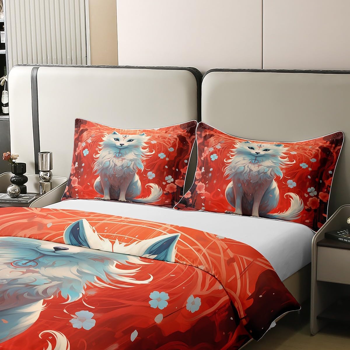 Cute Fox Animal Comforter Cover Queen Exotic Tribe Style 100% Organic Cotton Duvet Cover Japanese Cherry Blossom Bedding Sets Wildlife Bedspread Cover with 2 Pillowcases Soft(Not Comforter)