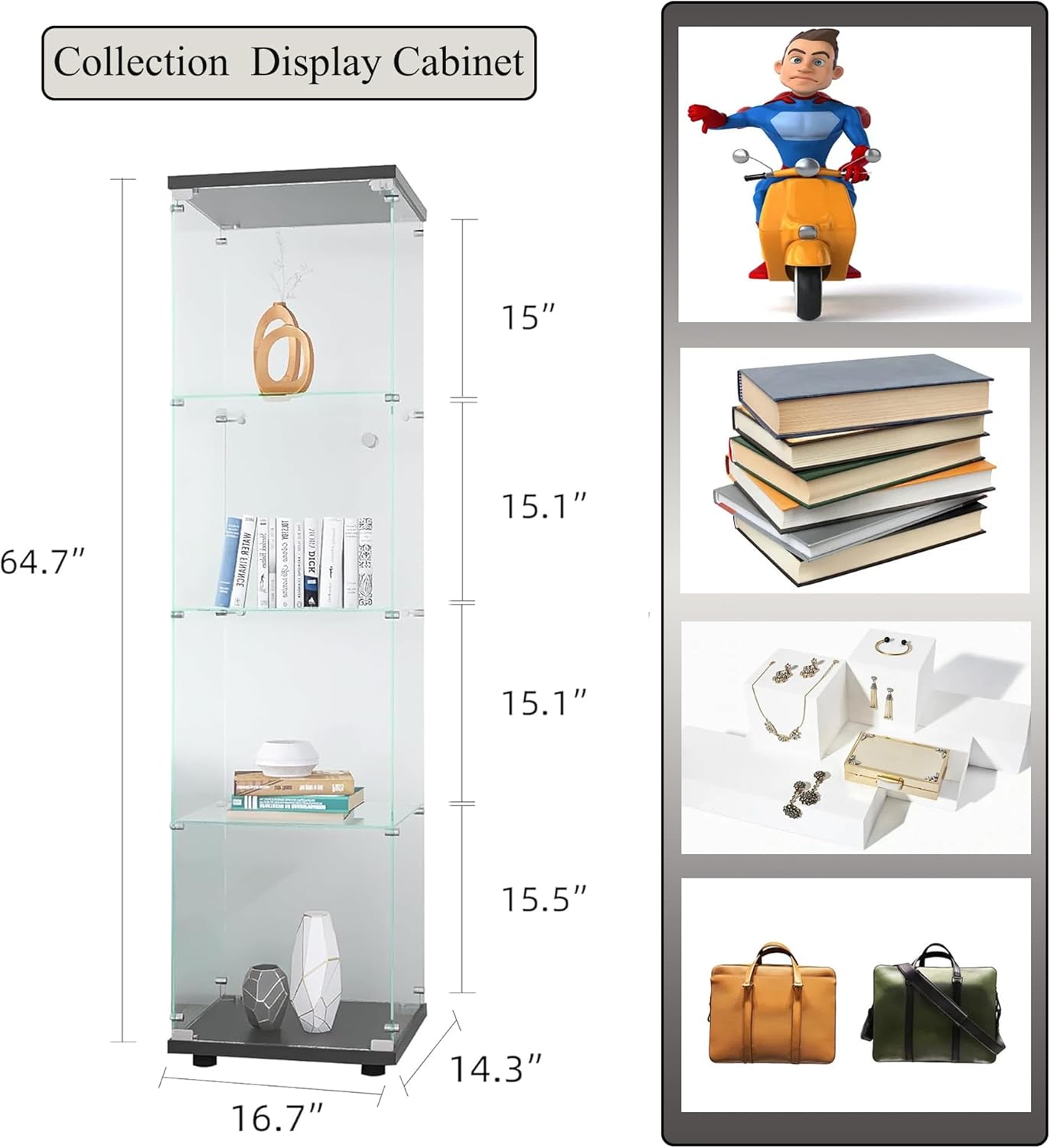 Frameless Glass Display Cabinet, Curio Cabinet with Lock and Glass Door, Floor Standing Showcase Display Shelf for Collectibles, Legos, Figures, Plants