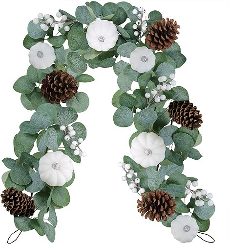 Winlyn White Pumpkin Garland Artificial Eucalyptus with White Pumpkins Pinecones Berries Fall Foliage for Wedding Arch Backdrop Thanksgiving Table