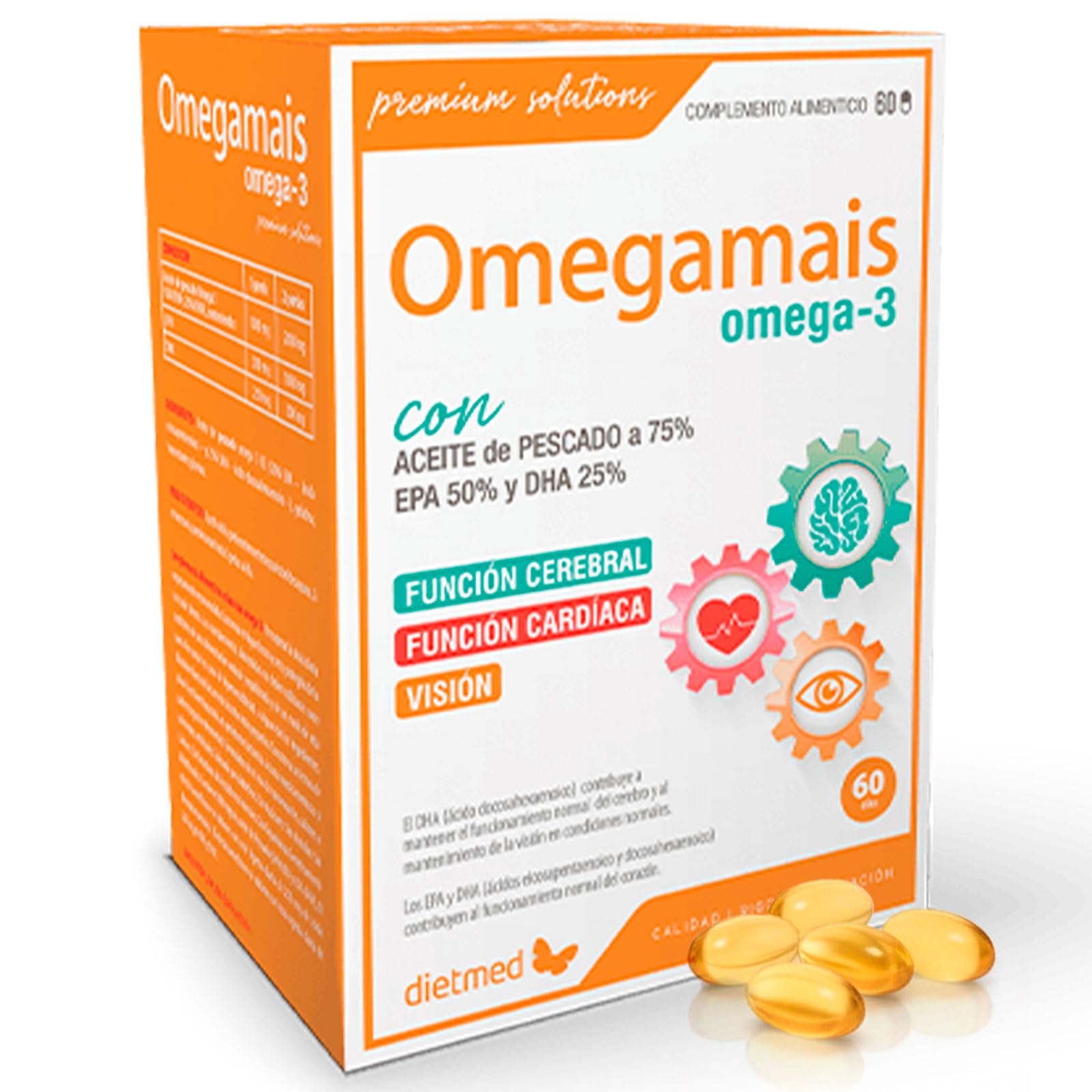 Omega 3 Alta Concentración con EPA y DHA - Apoyo a Corazón, Cerebro y Visión - Aceite de Pescado 750 mg por Perla - 60 Cápsulas 1 al día - DietMed