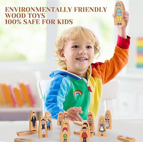 Miniatura 4 de Syhood 30 piezas de bloques de madera pequeños multiculturales juego de personajes de madera lindos juguetes de doble cara figuras de madera para el