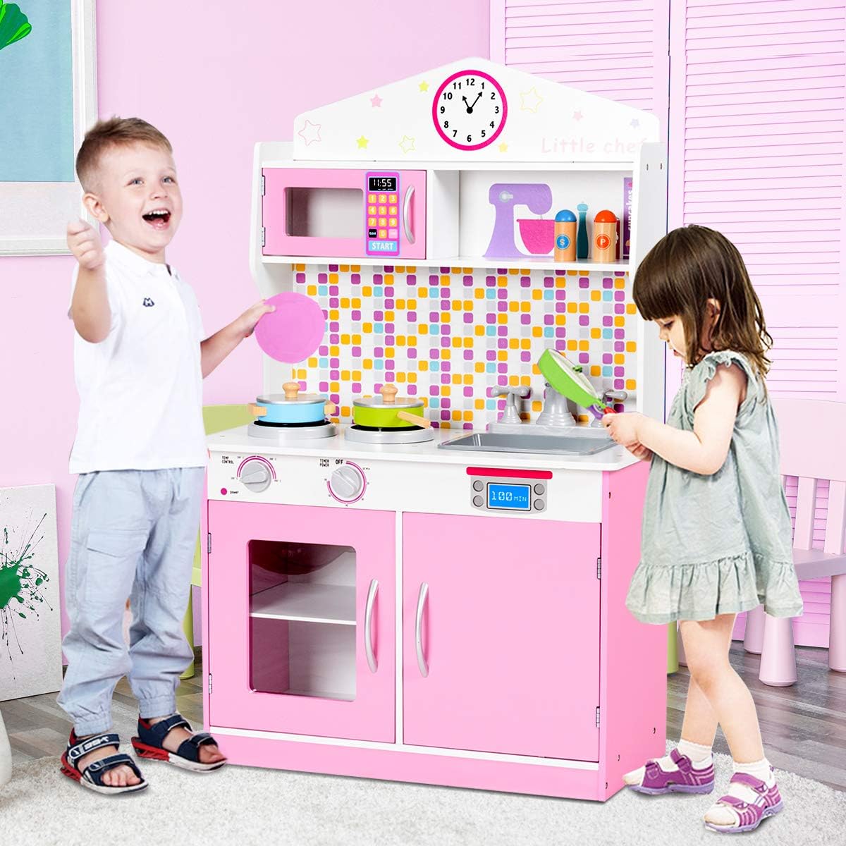 Costzon Kids Kitchen Playset, Wooden Pretend Chef Cooking Toy Kitchen with Realistic Sound, Microwave, Sink, Cookware Accessories, Pink Play Kitchen for Toddlers, Girls, Gift for Ages 3+