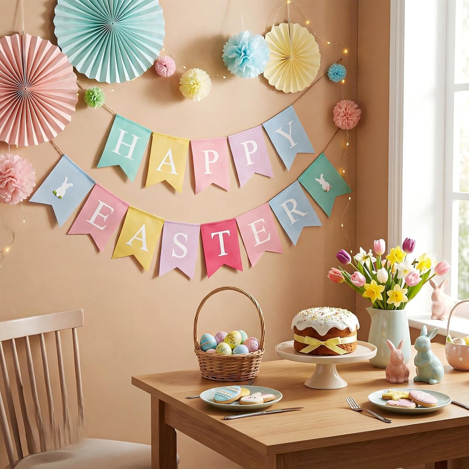 Tatuo 2pcs Happy Easter Banner Burlap Easter Bunting Garland Decorations Rabbit Colorful Burlap Garland for Fireplace Home Office Indoor Outdoor Spring Themed Party Favors Supplies