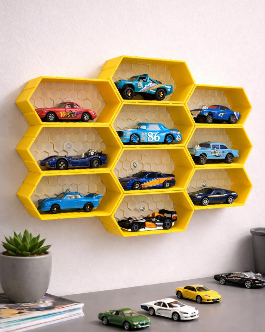 1:64 Scale Diecast Cars Display Yellow | Premium Matte Tabletop & Wall Display | Eco-Friendly Polymer Toy Car Organizer | Mini Car Showcase for Collectors & Kids (Without Toys) (Pack of 5)-image-22