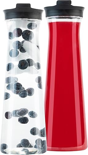 Plasticpro Jarra redonda de plástico transparente para bebidas de agua o jugo, recipientes de bebidas resistentes con tapas negras y boquilla para