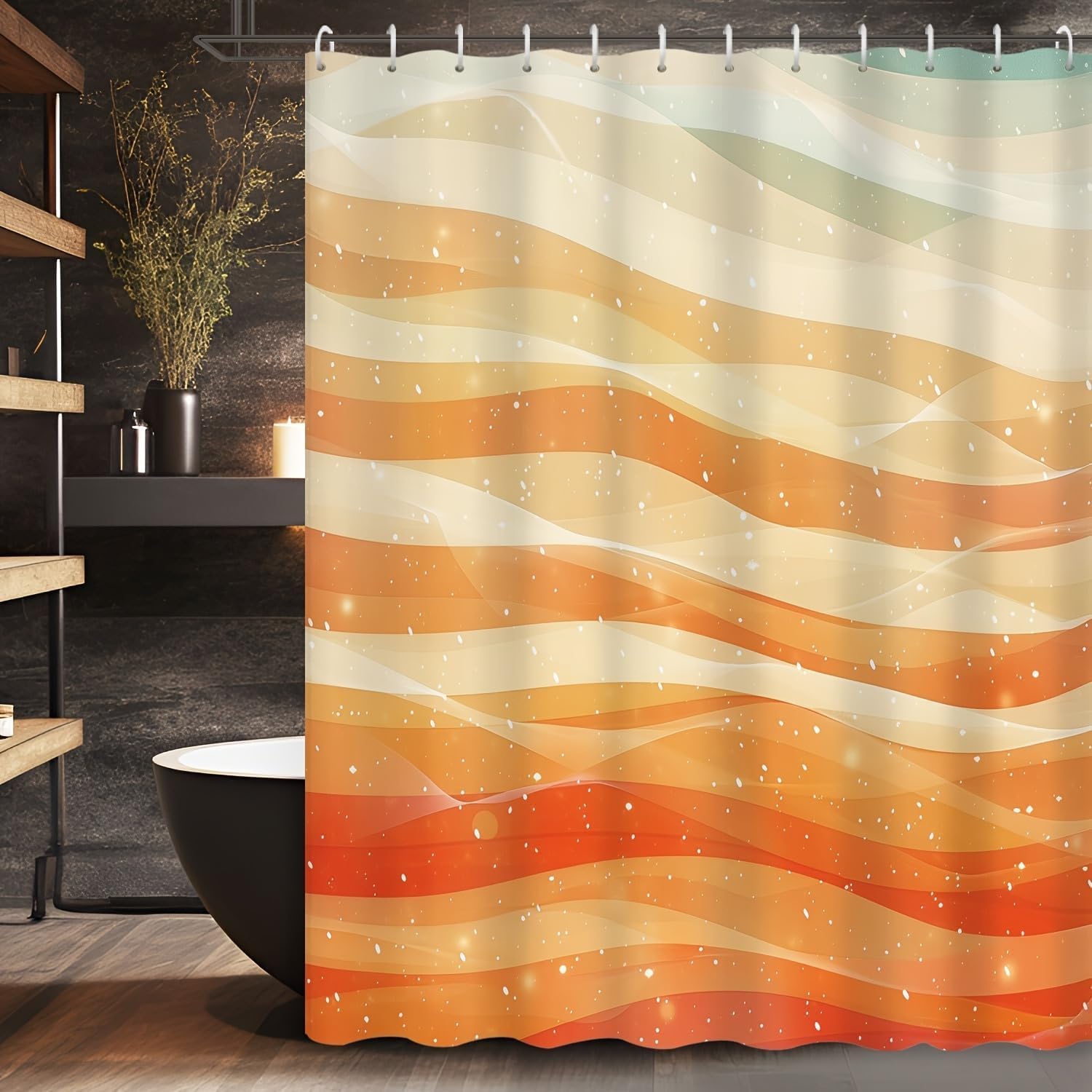 Rideau de Douche Orange et Beige 300 x 200 cm (L x H), Motif Abstrait dégradé de Lignes ondulées, Style bohème, Lavable et imperméable, avec Crochets