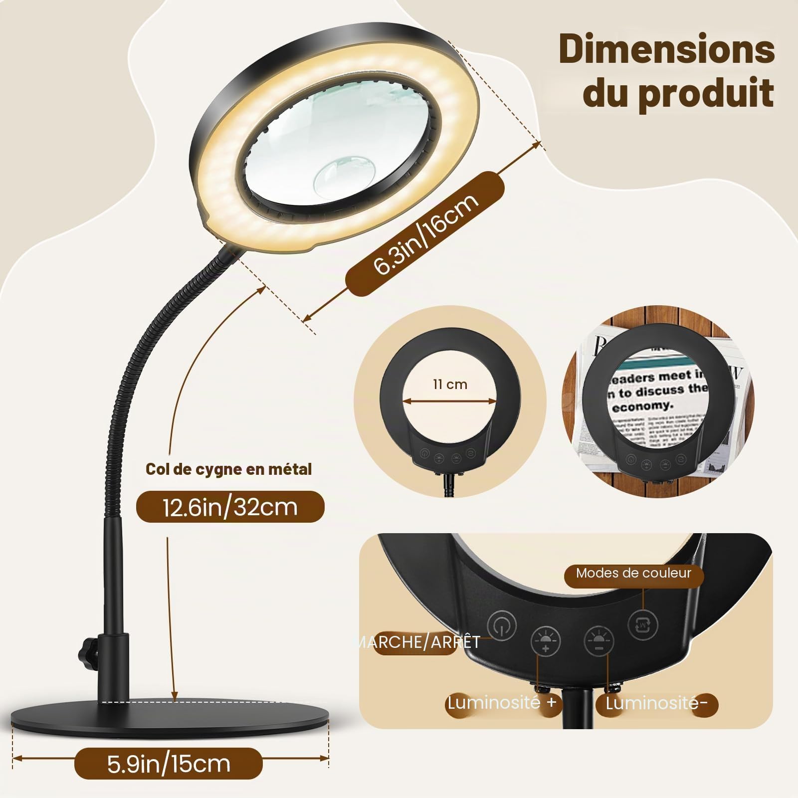 Lampe Loupe sur Pied 10x Grossissante Modelisme 360° LED 5 Couleurs Dimmable - Bureau Eclairante pour Lecture, Réparation et Artisanat