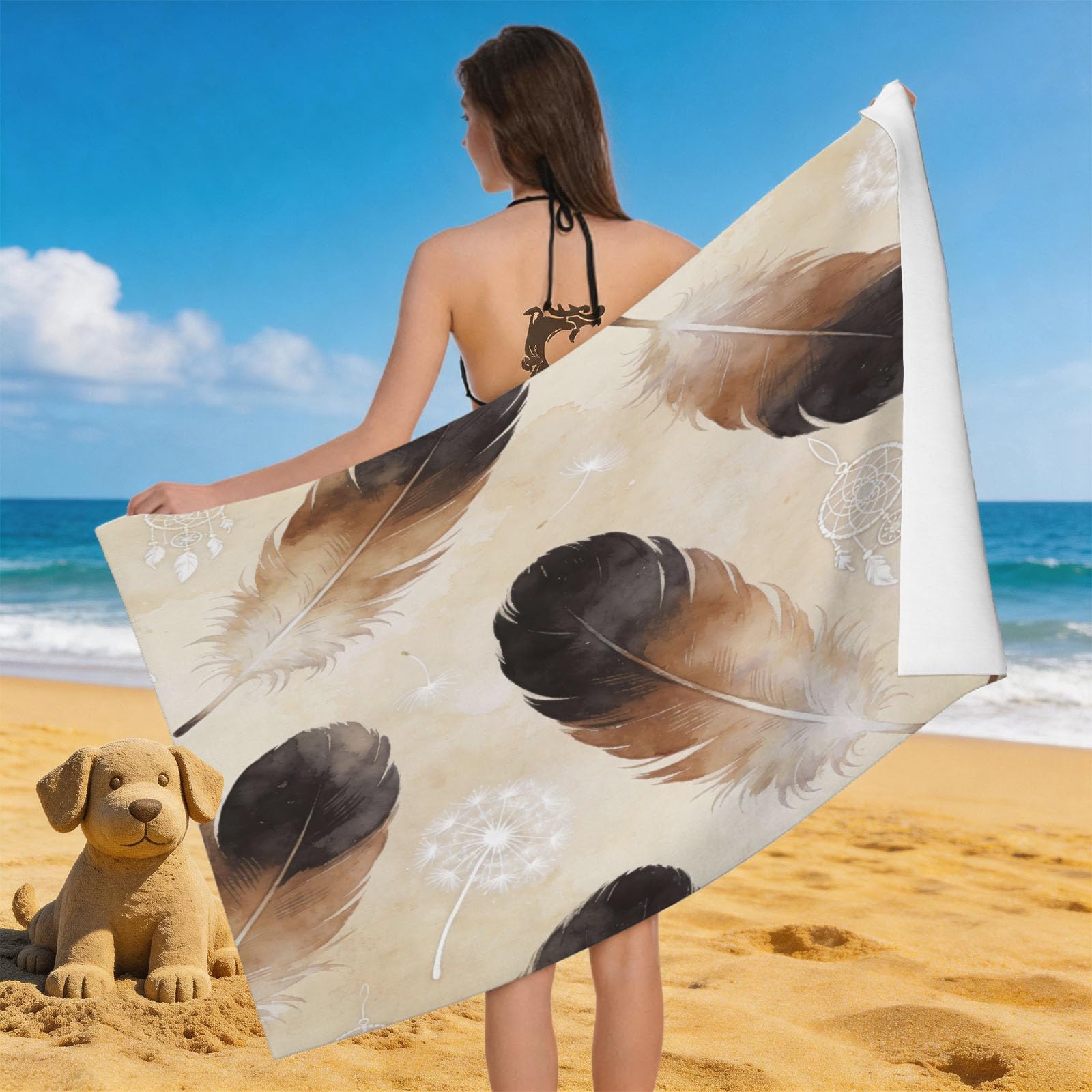 Leichong Men's Brown 3D Feathers Pattern Beach Towel Microfiber Soft Quick Dry For Adults, Feather Bath Towel Lightweight Soft Absorbent For Travel Swimming Pool Sports, 75 X 150 Cm