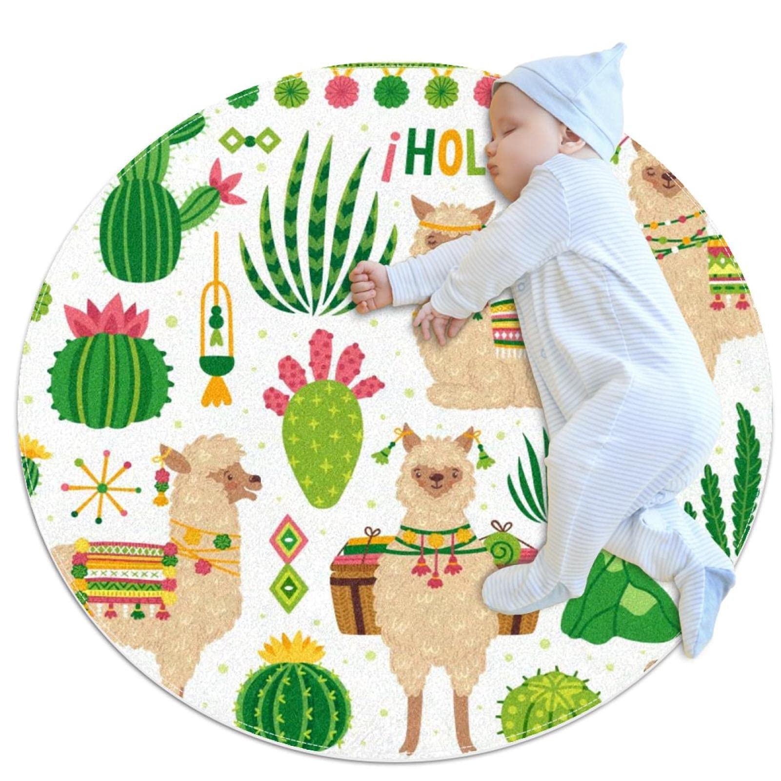 Tapis rond pour enfants sur le thème alpagas et cactus, parfait pour décorer une chambre de bébé