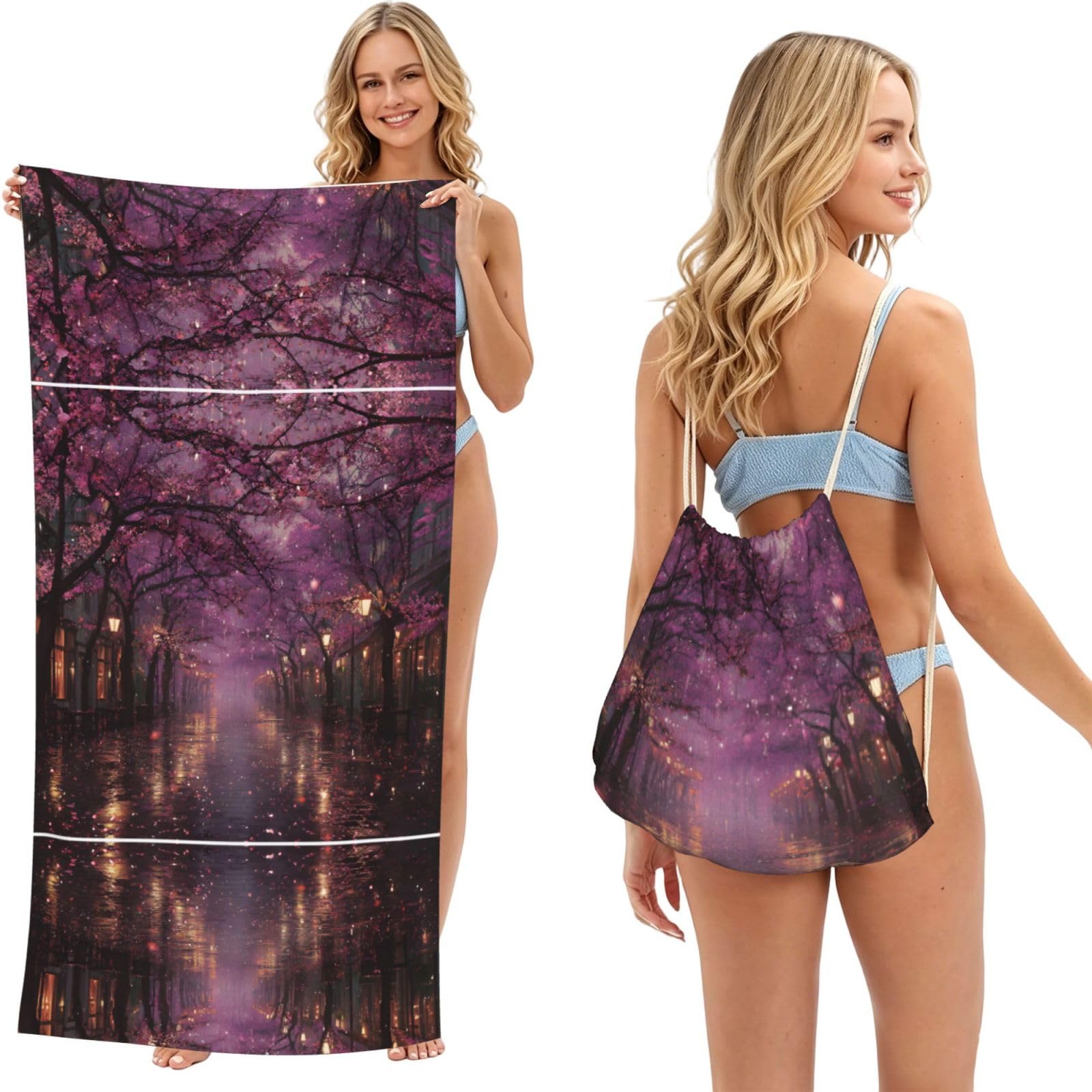 ESNAIUVCD Cherry Blossom Rain Print Beach Towel For Adults,Towel With Drawstring Bag, Travel Pool Swimming Sports Shower Sand Free Quick Dry Bath Towel For Pool, Beach, Yoga- 180x60cm