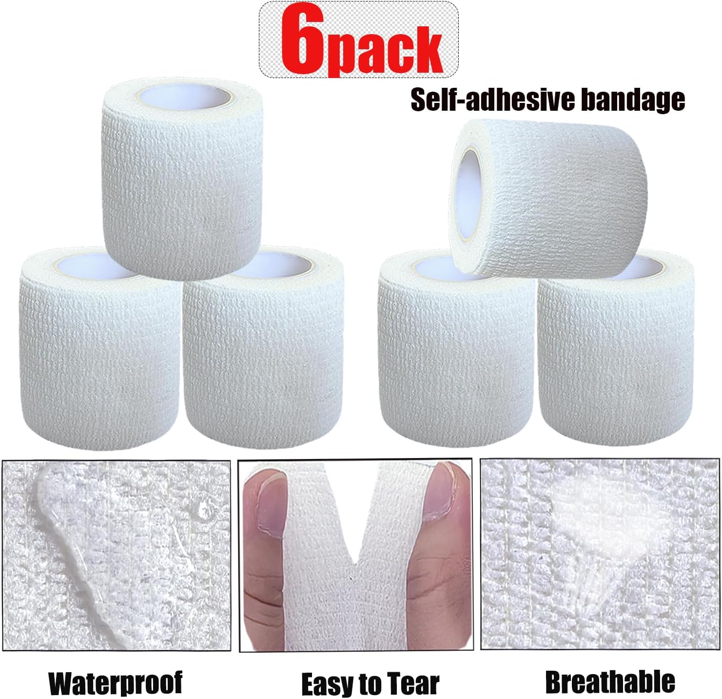 Hysiwen 6 Pack 2" x 5 Yards Self Adhesive Bandage Breathable Cohesive Wrap Self Adherent Vet Tape Self Stick Bandage Wrap for Sports, Athletic, Wrist, Ankle(White) - Image 4