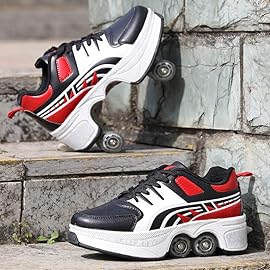 Double-Row Deform Wheel Automatic Walking Shoes Invisible Deformation Roller Skate 2 in 1 Removable Pulley Skates Skating Parkour (RED Black, US 5.5)