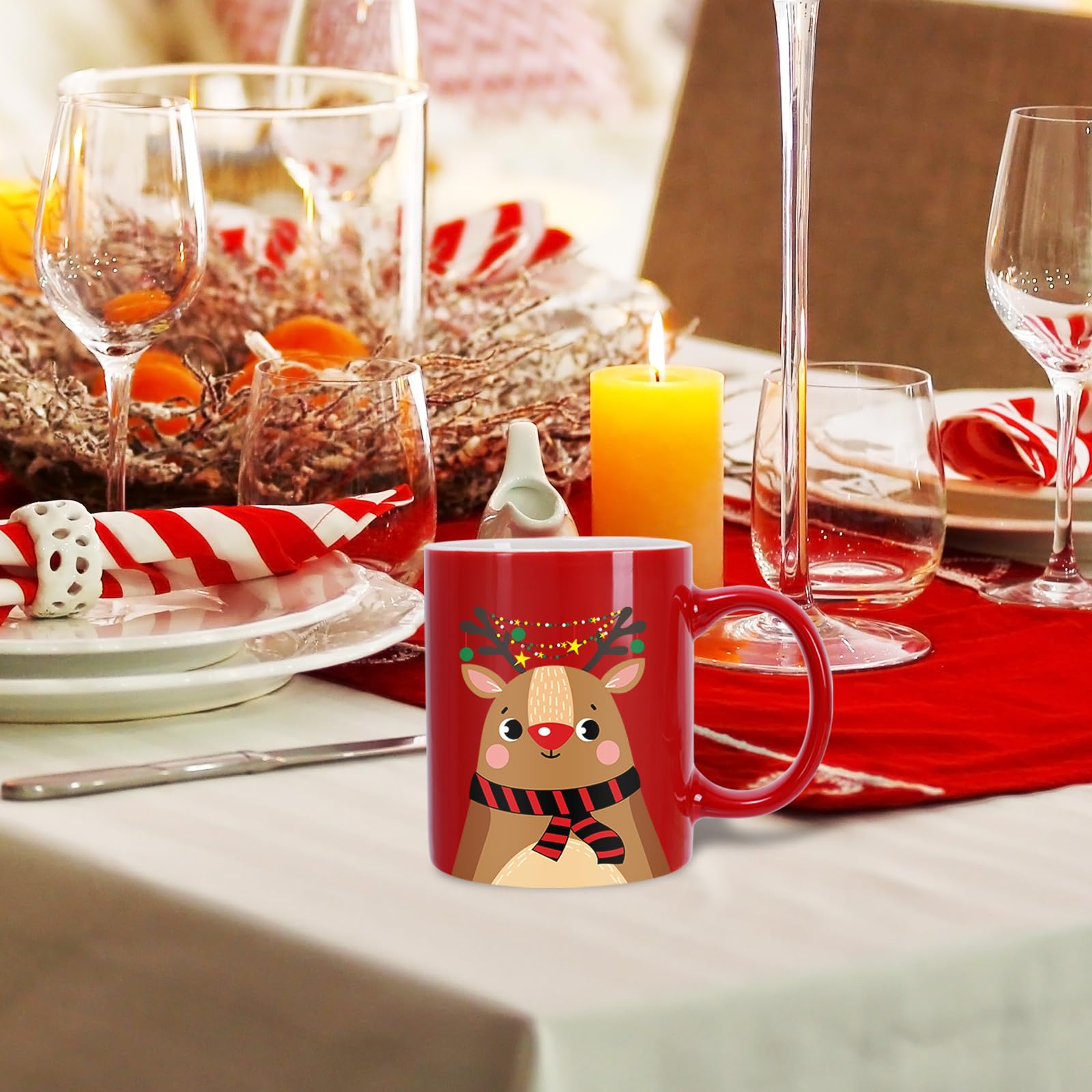 Whaline Lot de 6 tasses de Noël de 355 ml, motif Père Noël, bonhomme de neige, renne, pingouin, tasse à café de Noël rouge et vert en céramique pour la maison, l'école, le bureau, centre de table,