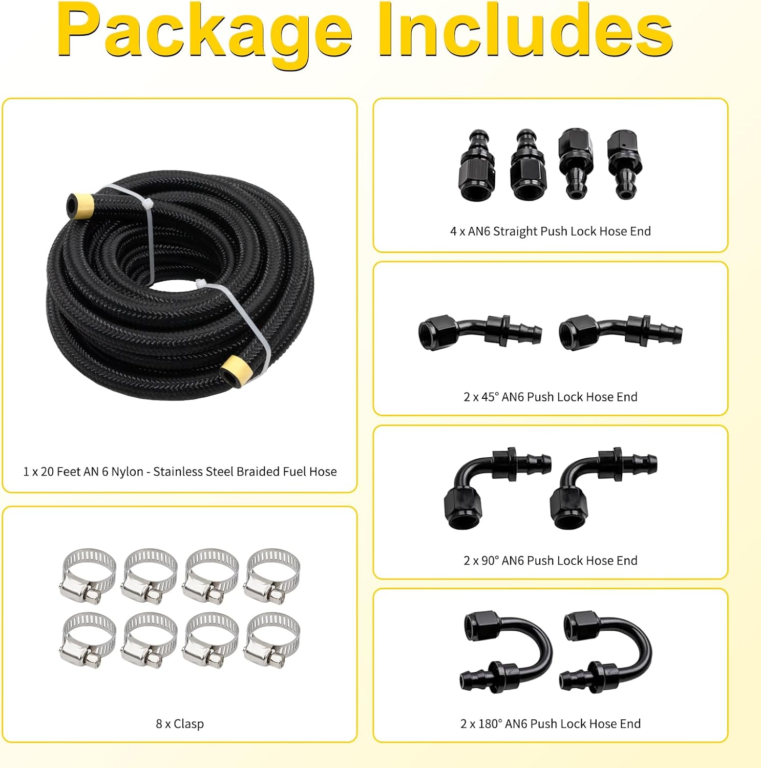 6AN 20FT Fuel Line Kit, 3/8 Transmission Cooler Lines with AN6 Push On Fitting, Nylon Braided Fuel Line Hose CPE