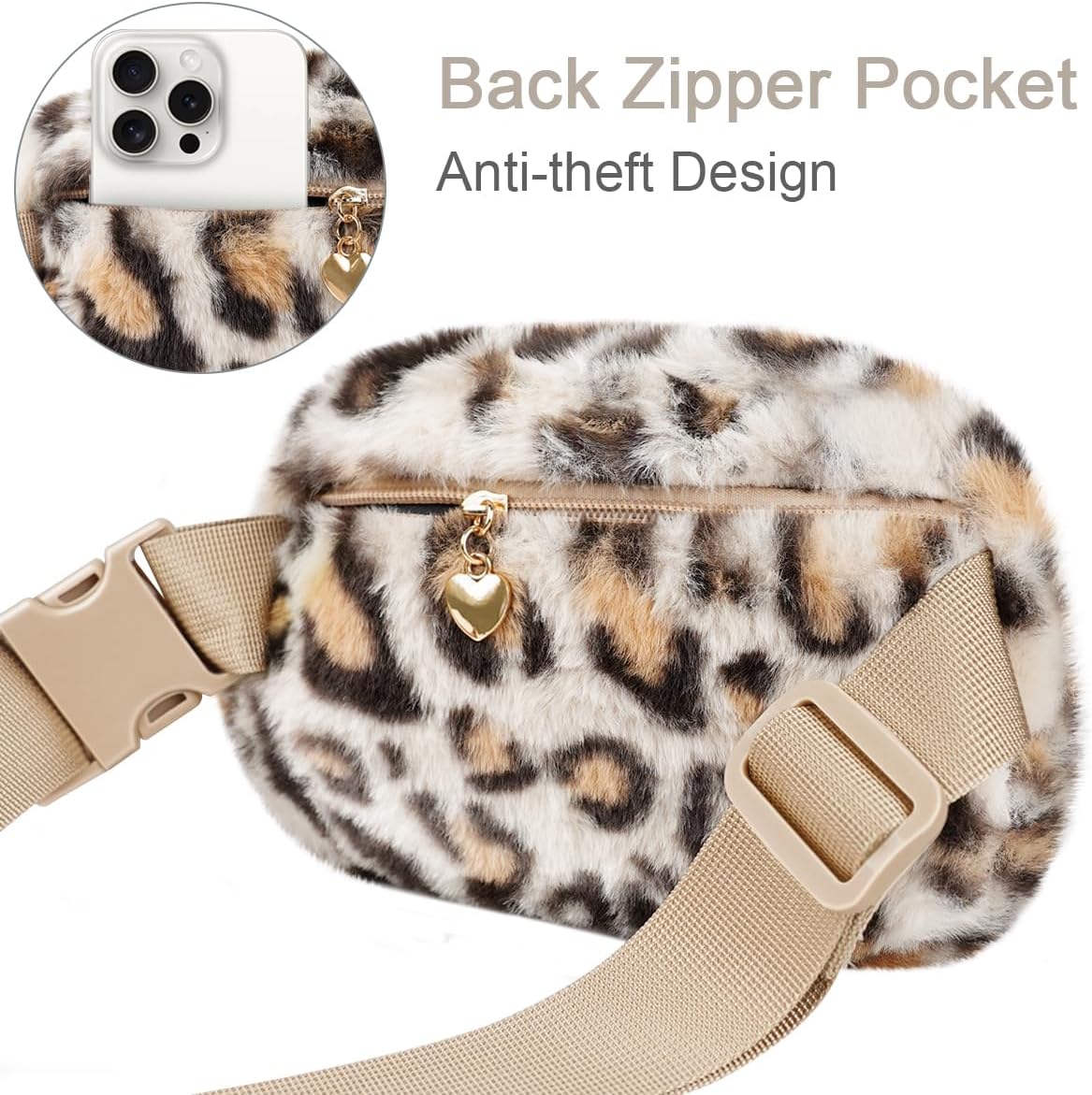Fuzzy Belt Bag Waist Fanny Pack for Girls Cute Lovely Leopard Waist Packs Crossbody Bags for Women Trendy Teen Girl Kids Daughter Sister Her Preppy Girly Stuff Fuzzy Plush Waist Pack Bag, Cream - Image 3