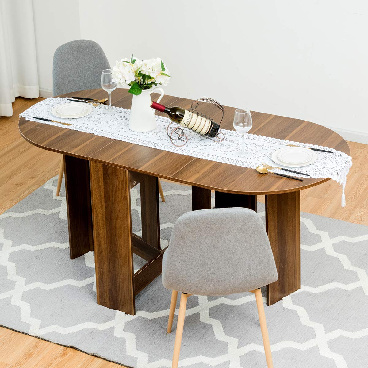 COSTWAY Mesa Comedor Extensible de Madera, 80x163x75 cm, Mesa de Comedor con 2 Solapas, Bordes Redondos,Soporte de Cruciforme, Mesa Redonda Extensible Plegable para Cocina Balcón Jardín (Marrón)