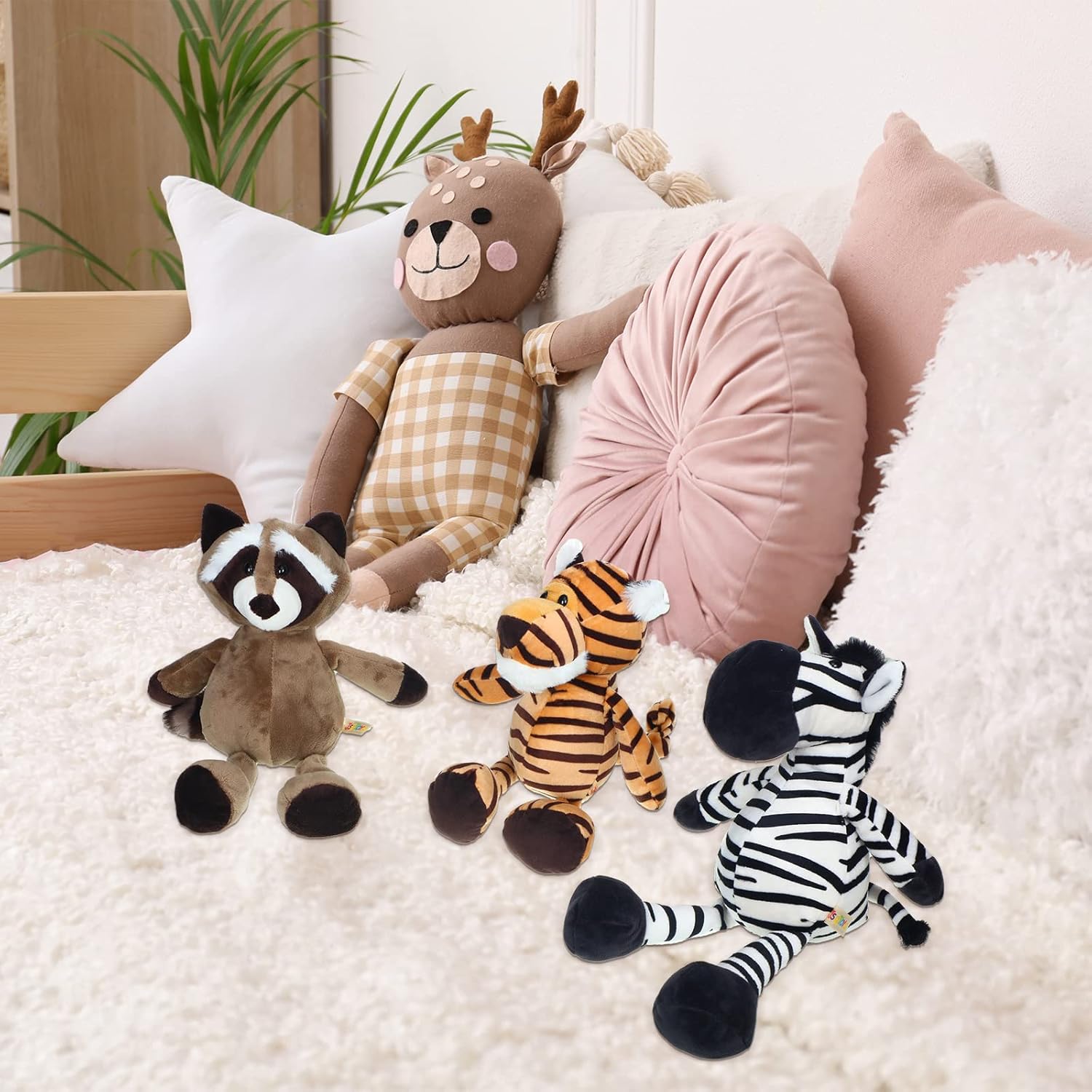 Zhanmai 9 Pieces Safari Stuffed Animal Toys Set 11 Inch Plush Jungle Animal Toys Plush Includes Tiger Lion Elephant Monkey Zebra Raccoon Rhino Giraffe for Zoo Theme Party Student Award(Classic)