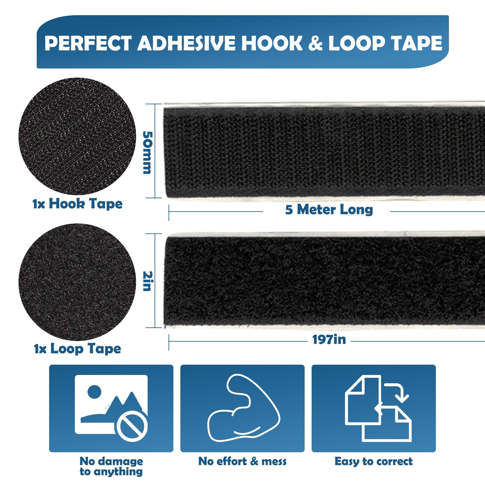 Feltro Adesivo Forte 50 mm x 5 m, Multifunzione Biadesivo per Tessuti per Uso Nnterno ed Esterno, Nero Nastro Biadesivo Extra Forte per Tessuti, Zanzariere, Moquette