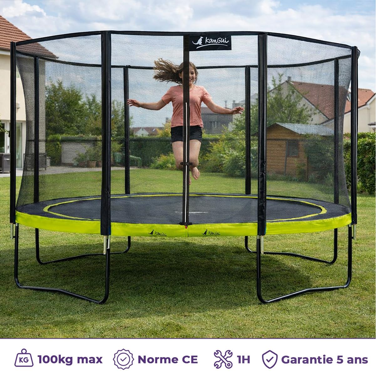 KANGUI Trampoline de Jardin PUNCHI avec Filet de Sécurité, Échelle, Bâche de Protection et Kit d’Ancrage – Vert – Ø300, Ø360 et Ø430 cm