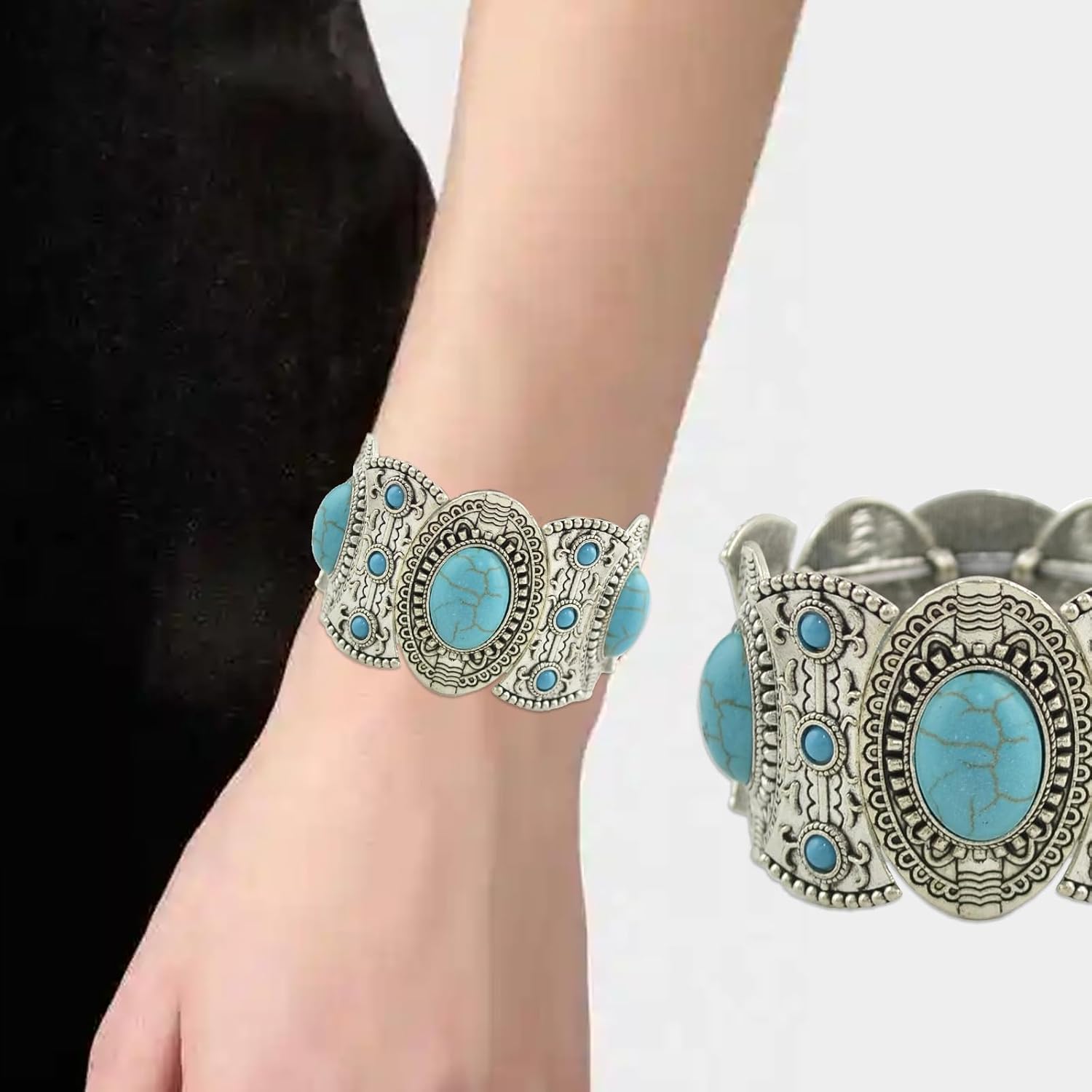 Turquoise Bracelet for Women,Boho Bracelets Vintage Western Cowgirl Bangle Bracelet,Western Jewelry for Women,Stretch Turquoise Jewelry - Image 7