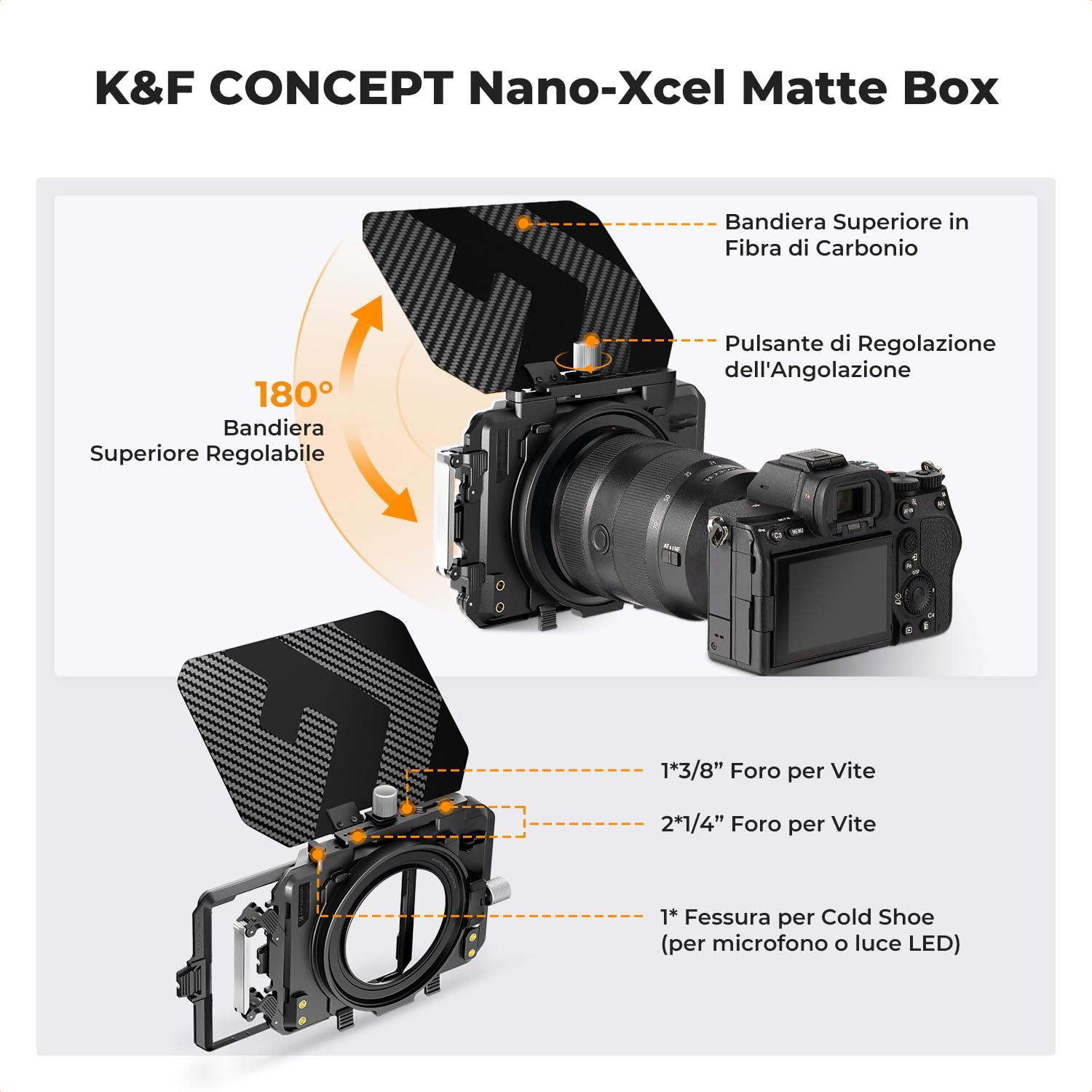 K&F CONCEPT Matte Box Base per Fotocamera in Fibra Carbonio con Anelli da 67/72/77/82/95mm, Interfacce 1/4", 3/8" e Slitta Fredda, Riservato Estensioni per Pannelli Laterali, con Una Borsa Stoccaggio