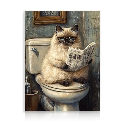 Funny Cat Bathroom Wall Art Poster, Cat Reading the Newspaper
