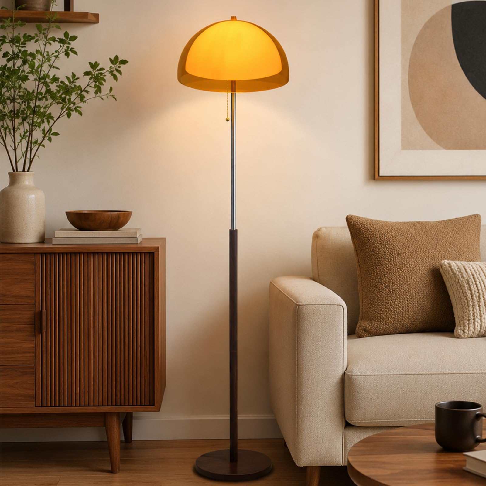 Orangefarbene Pilz-Stehlampe 153 CM, Mid-Century Modern | Zweischichtiger Acryl-Kugellampenschirm, E27, 3 Farbtemperaturen, Metallstange In Holzoptik Für Wohn-, Schlafzimmer Und Büro