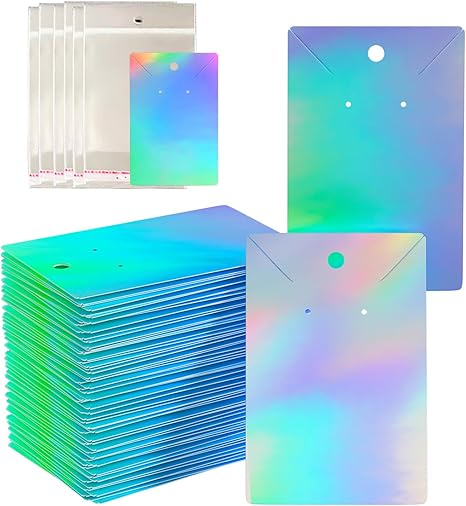 300pcs Holographic Earring Card Holder Paper Tags for DIY Ear Studs Necklace Jewelry Display,150 Set Earring Card with 150 Pcs Bags