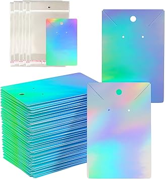 300pcs Holographic Earring Card Holder Paper Tags for DIY Ear Studs Necklace Jewelry Display,150 Set Earring Card with 150 Pcs Bags