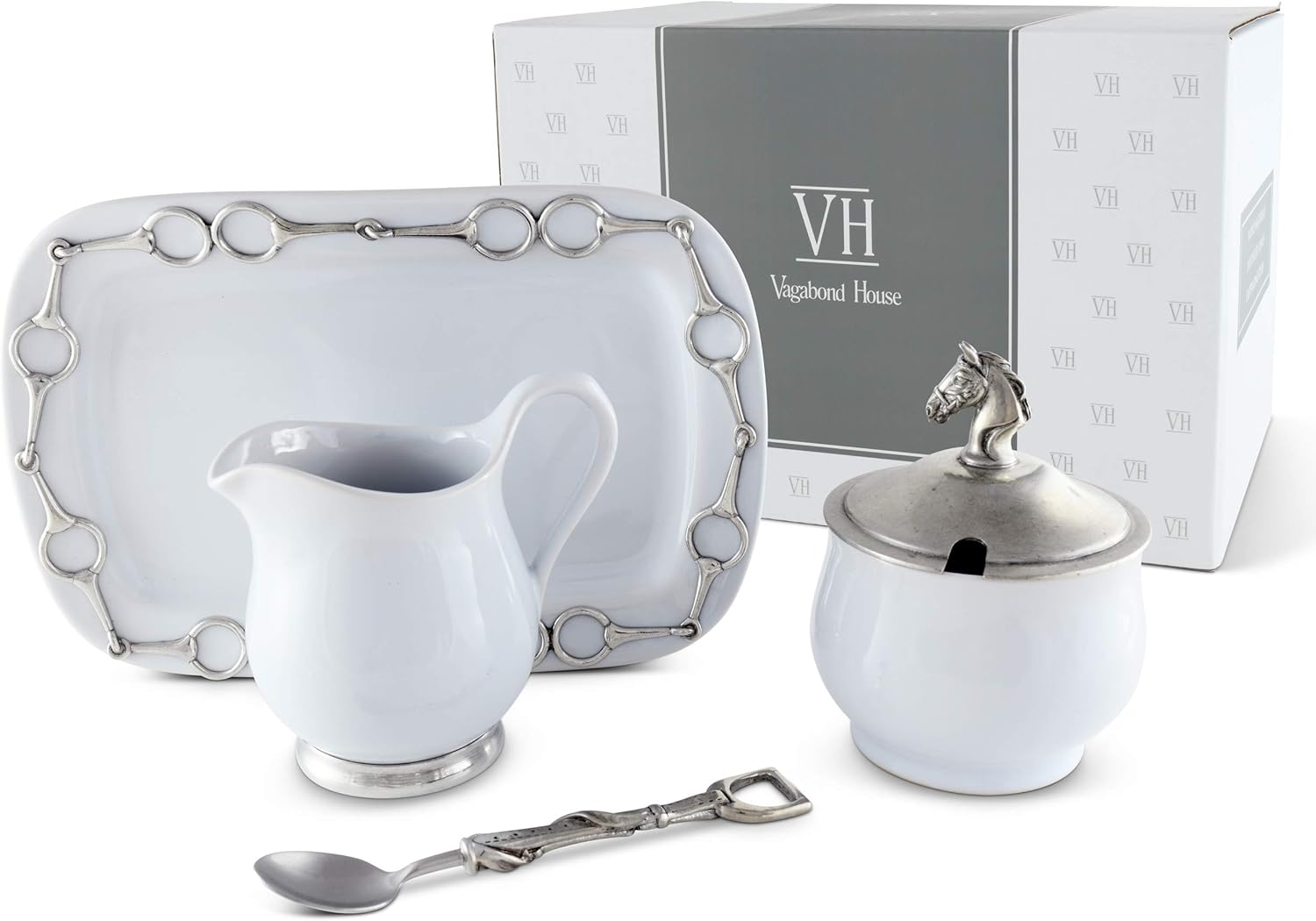 Vagabond House Stoneware Sugar and Creamer Set Equestrian with Tray and Solid Pewter 5 Pieces cream pitcher, lidded sugar bowl, decorative handle sugar spoon and tray for Coffee and Tea Tray 9 inch