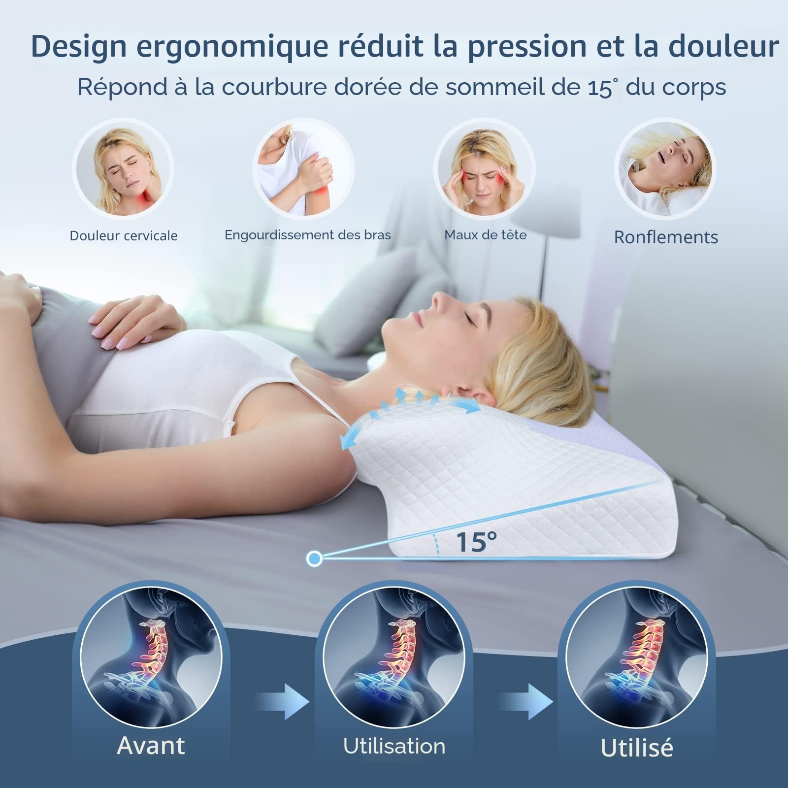 HOMCA Oreiller Cervical pour Dormir, Blanc, 60x35x8/12cm | Ergonomique Coussin Nuque en Mémoire de Forme, Oreiller Dormeurs de Soutien du Cou, Housse Déhoussable et Lavable