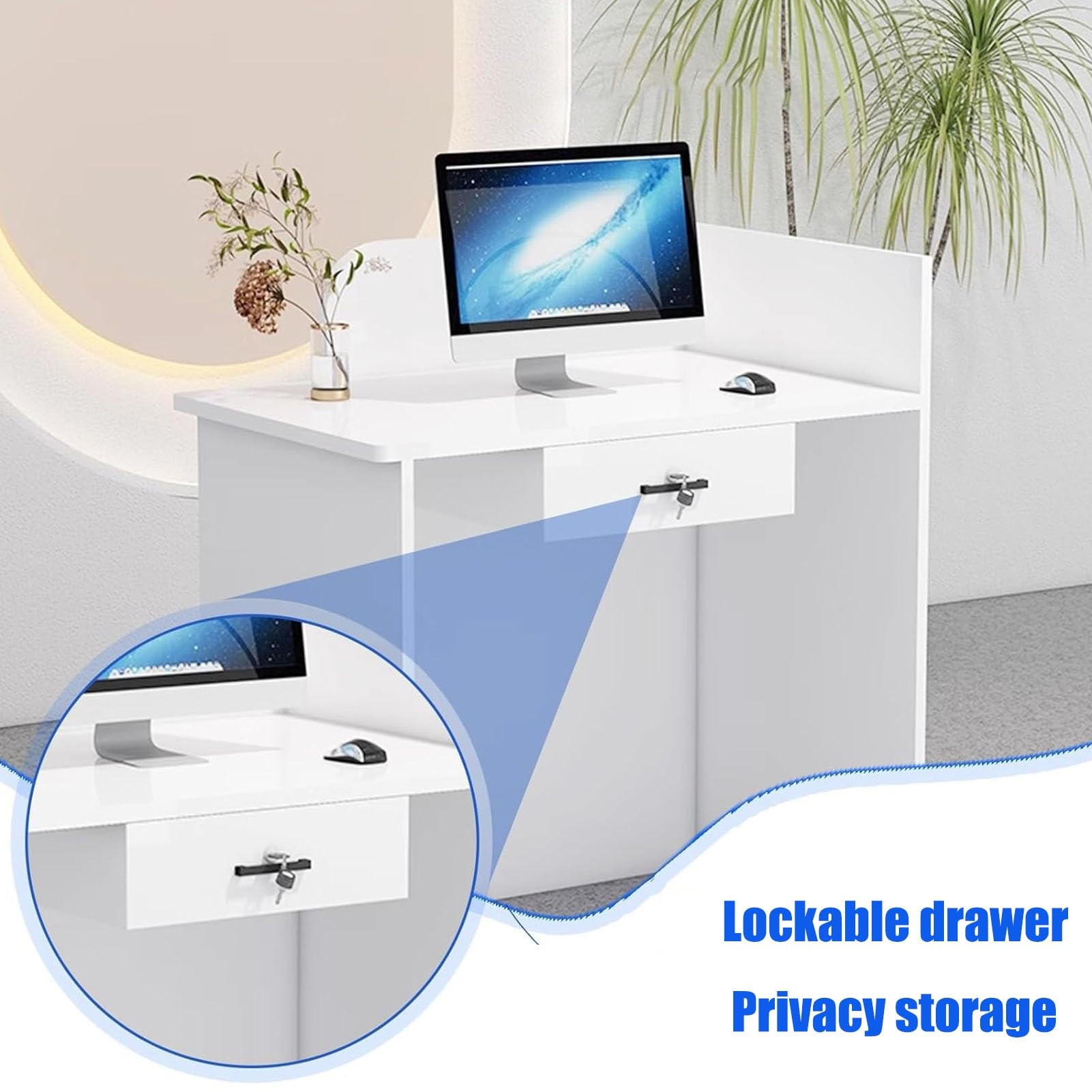 Scrivania da reception con serratura, 140 cm, elegante bancone per saloni di design per sale d'attesa e sale d'attesa, mobili moderni per la reception per aziende, maggiore sicurezza e funzionalità