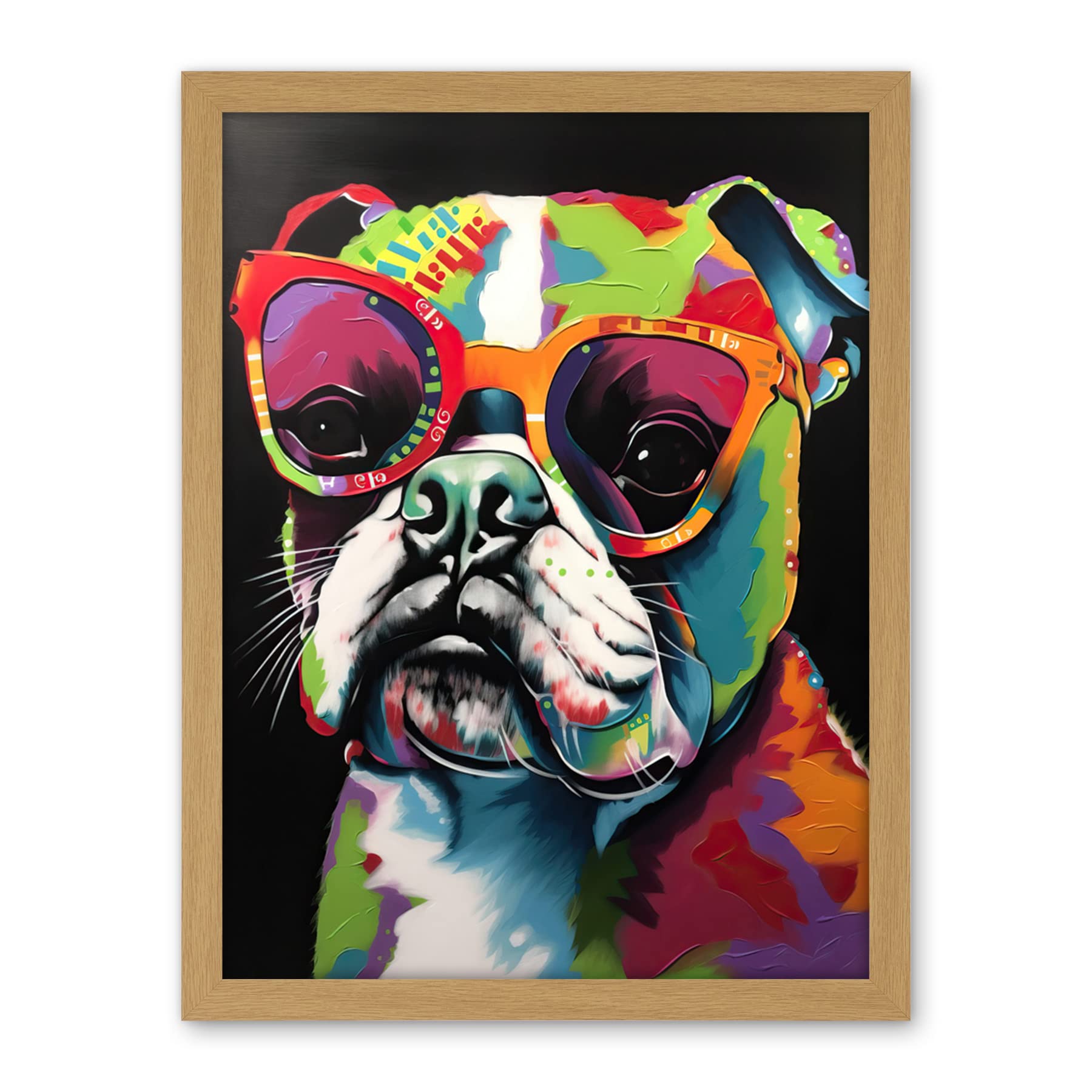 Artery8 Rainbow Colour English Bulldog Puppy in Sunglasses Artwork Framed Wall Art Print 18X24 Inch