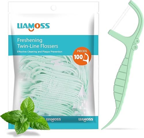 Hilo dental de doble línea, 100 palillos de hilo dental sabor menta, doble acción LIAMOSS para dientes súper limpieza en menos de dos minutos,