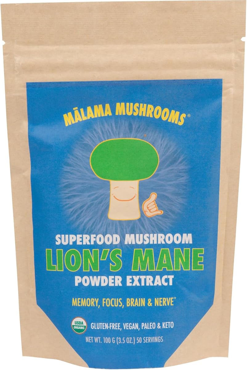 MALAMA MUSHROOMS Lion's Mane Extract Powder by Malama, Organic Fruiting Body Lions Mane Mushroom Powder, Superfood Adaptogenic, Supports Memory, Focus, Brain, & Nerves