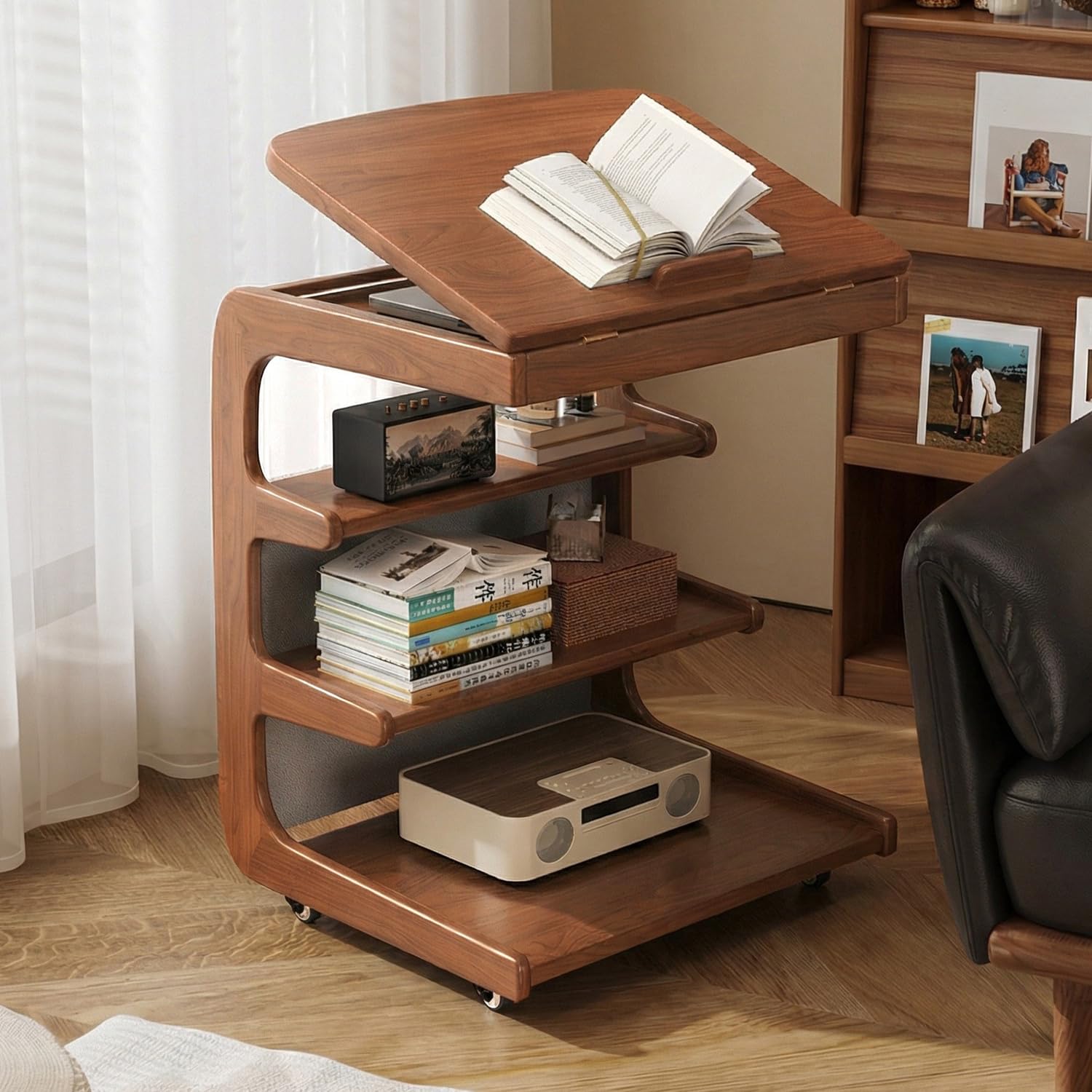 Table d'appoint en C en bois massif 63x40 cm avec plateau réglable et roulettes