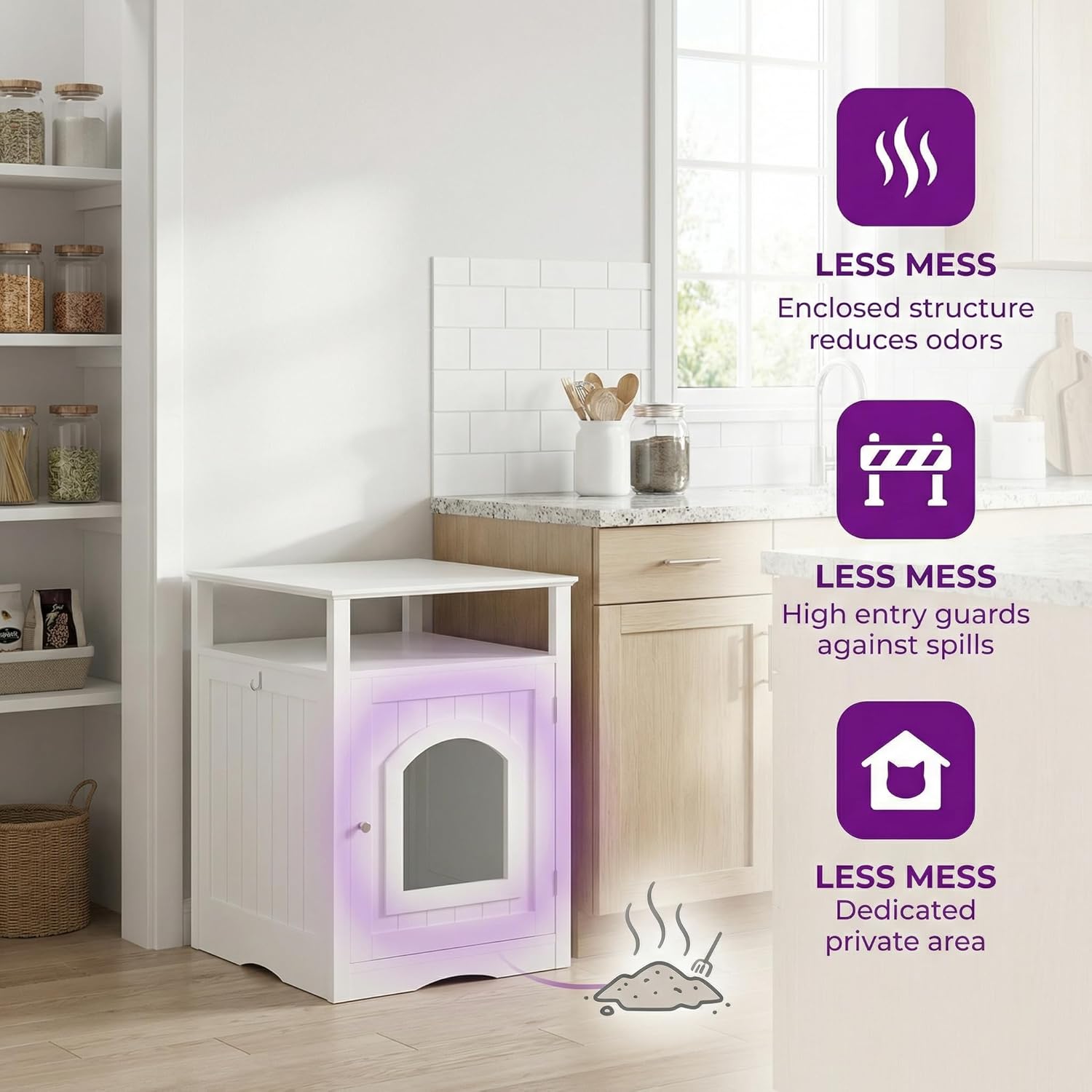 24.80'' Modern Cat Litter Box Enclosure Furniture with Storage Shelf & Side Hook, Hidden Cat House Cabinet with White Finish for Living Room Bedroom, White