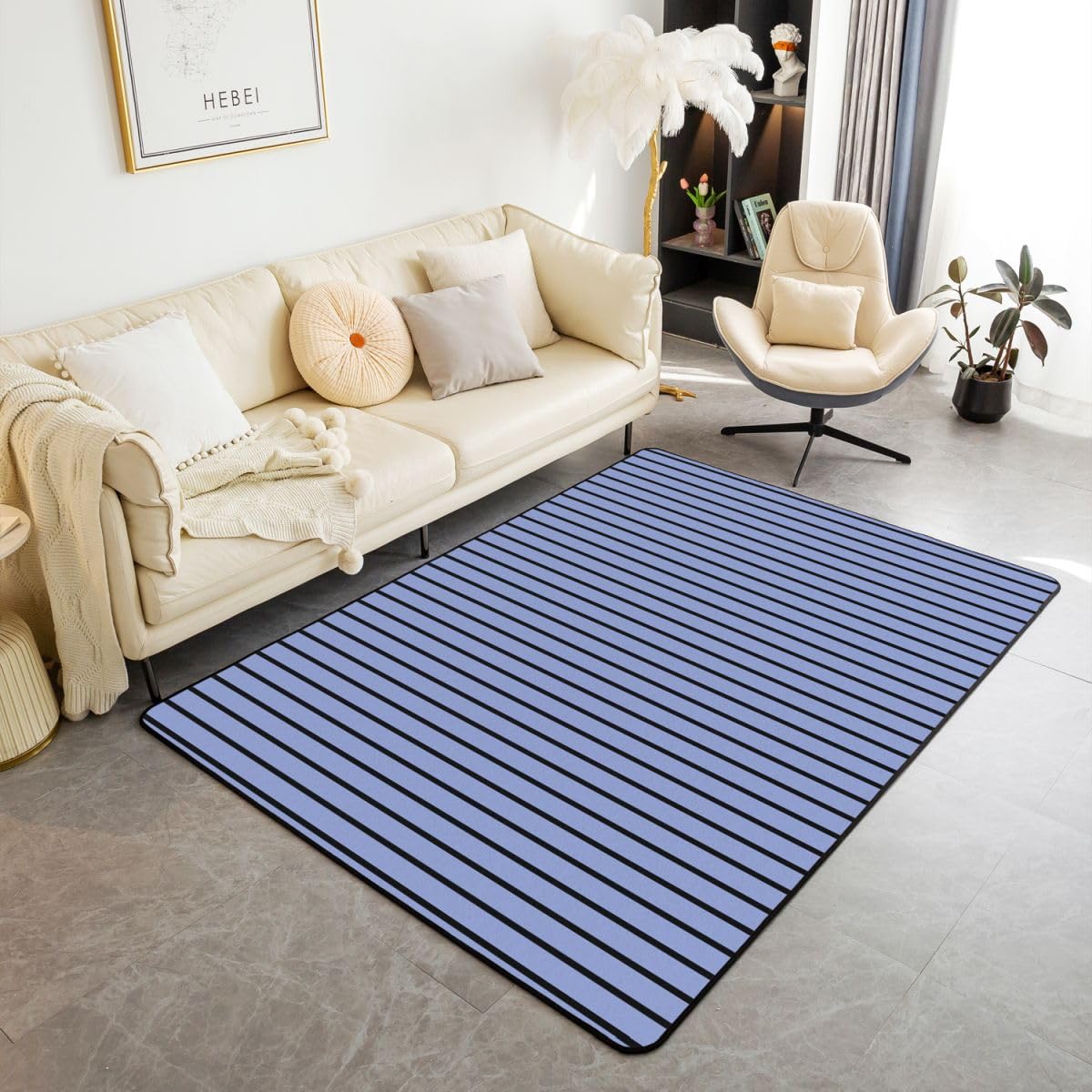 Loussiesd Tapis Salon 100x150cm Bleu Rayures Tapis d’intérieur Striped Antidérapant,Doux,Lavable Ligne Rayures pour Salon Chambre Géométrique Salle à Manger, Cuisine Art Modernee Abstrait