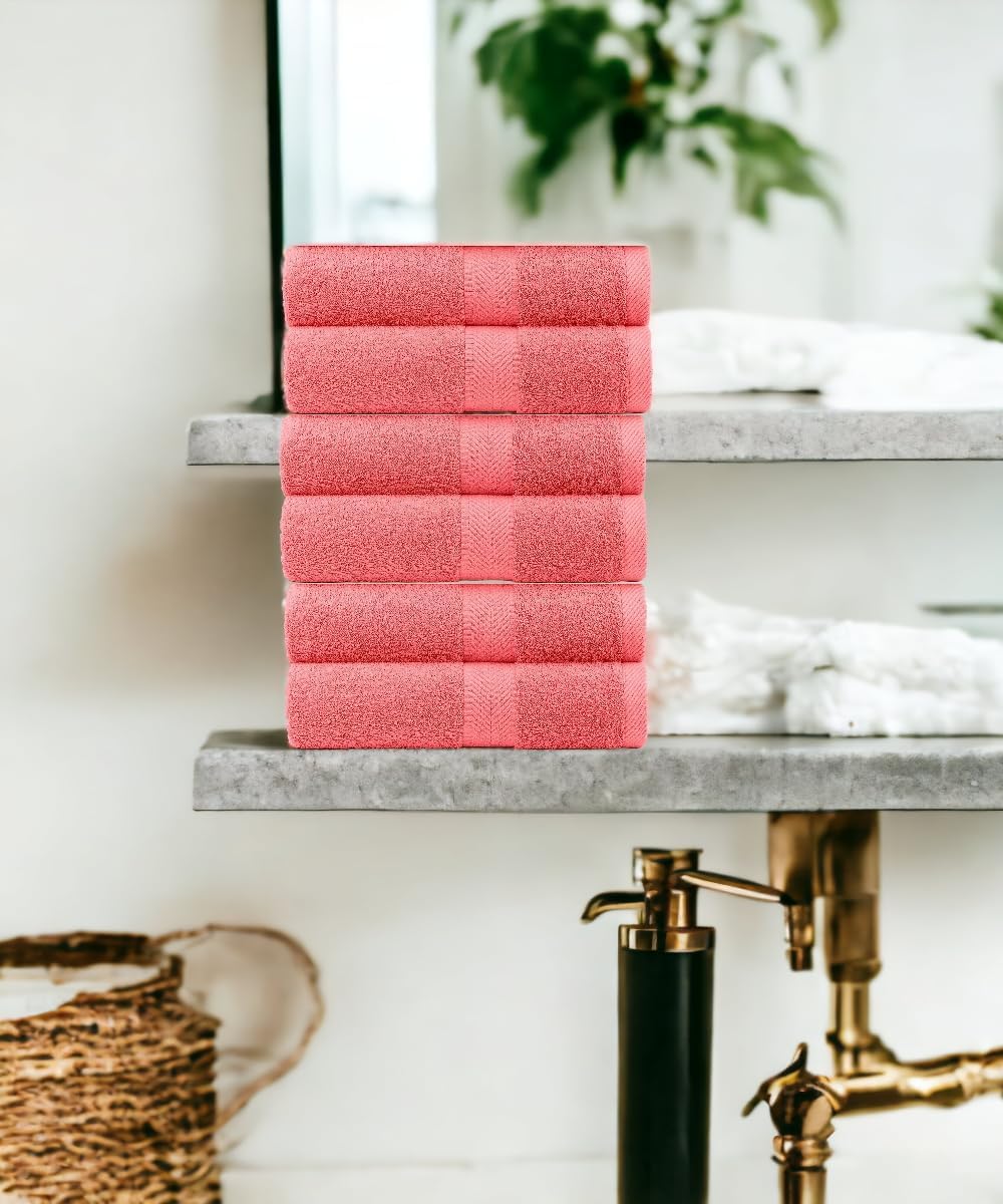 BY LORA Hand Towel Set Soft Cotton Water Absorbent Towel, Set of 6, Coral