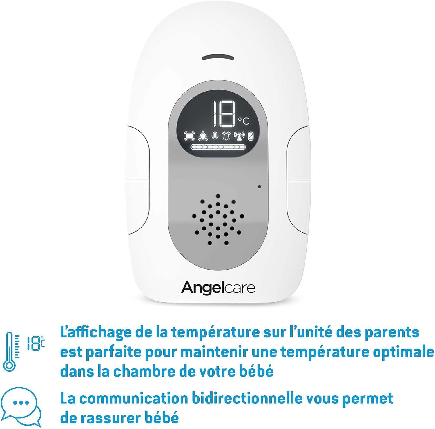 Angelcare AC127 Parent Unit displaying 18 degrees Celsius