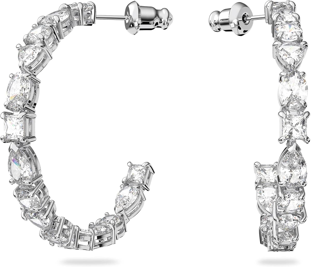 Tennis Deluxe Women's Hoop Pierced Earrings with White Crystal in a Rhodium Plated Setting
