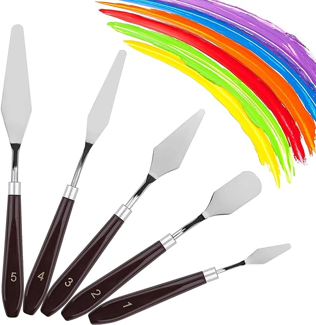 EHIOG 5PCS Painting Knife Set,Palette Knife Painting Tools,Stainless Steel Spatula Palette Knife Painting Spatula Mixing Spatula Paint Oil Painting Accessories Art- Brown