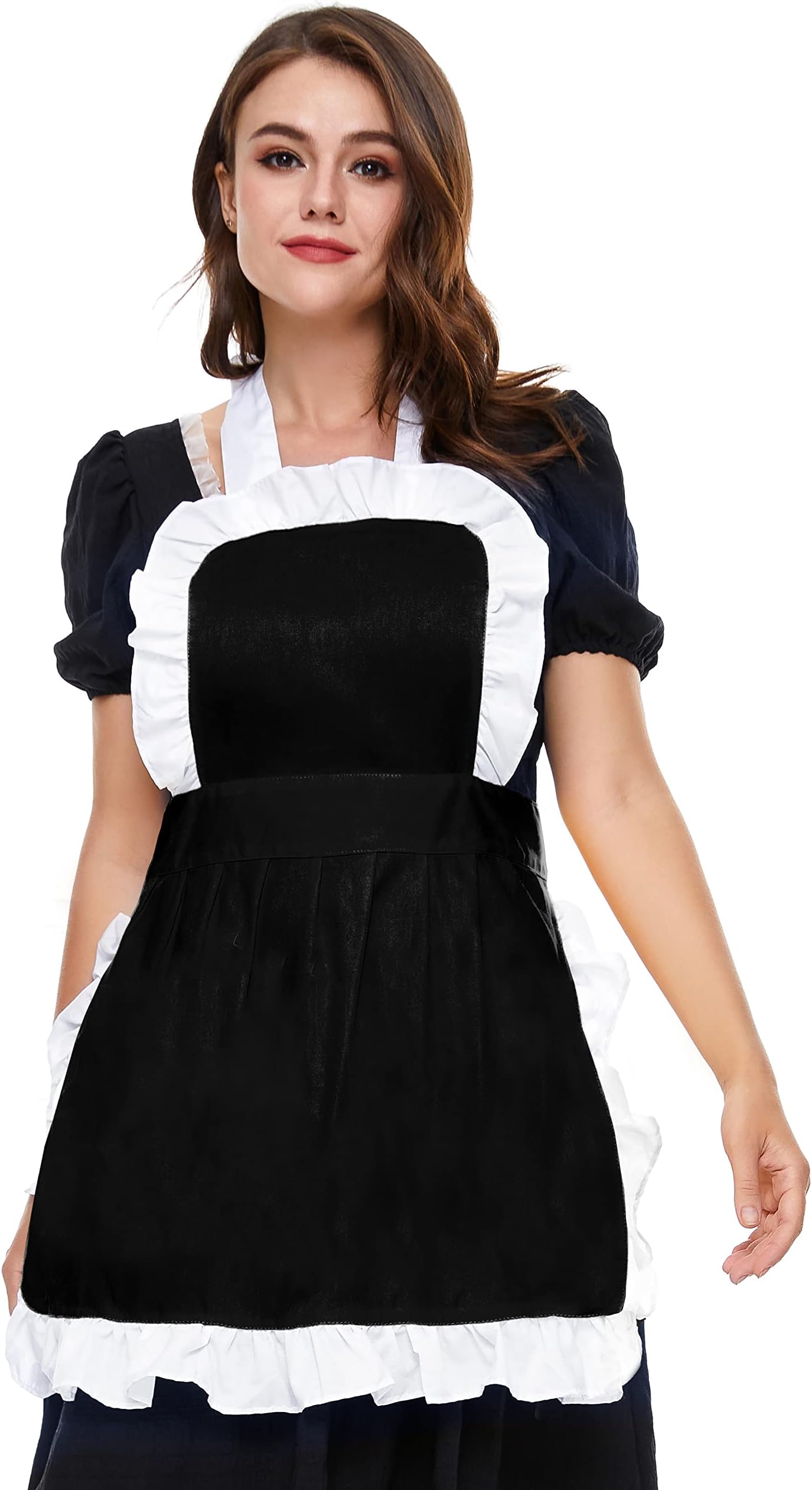 Women's Ruffle Outline Retro Apron Kitchen Cake Baking Cooking Cleaning Maid Costume (Black)