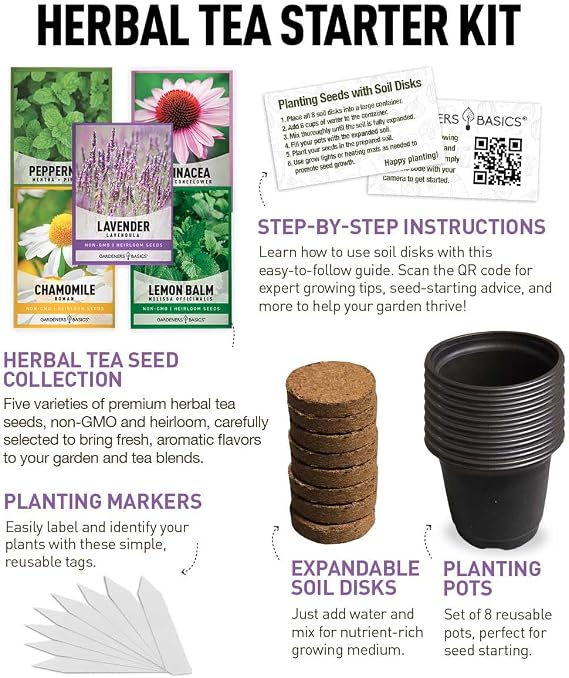 Tea Growing Kit - Includes Medicinal Lavender, Chamomile, Lemon Balm, Peppermint and Echinacea Heirloom Garden Seeds, Grow Pots, Soil, Plant Markers, Indoor Herb Kit Outdoor Tea Garden Kit